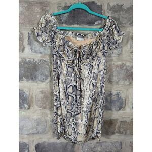 O. Vianca Dress Woman's‎ Medium Tan Blue Python Snake Print Mini Smocked Neutral